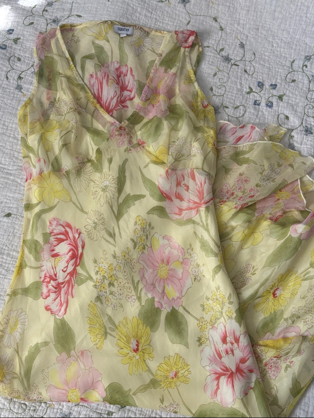 Together Sheer Mesh Floral Dress Yellow Y2K Fairycore Slip Dress Size M